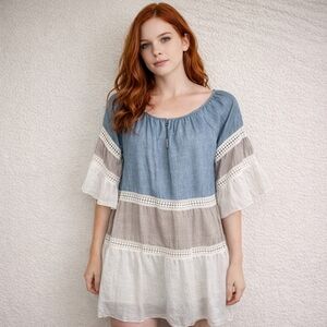 Vasna Dress NEW Boho Peasant  Chambray Colorblock Tiered Sz XL Resortwear